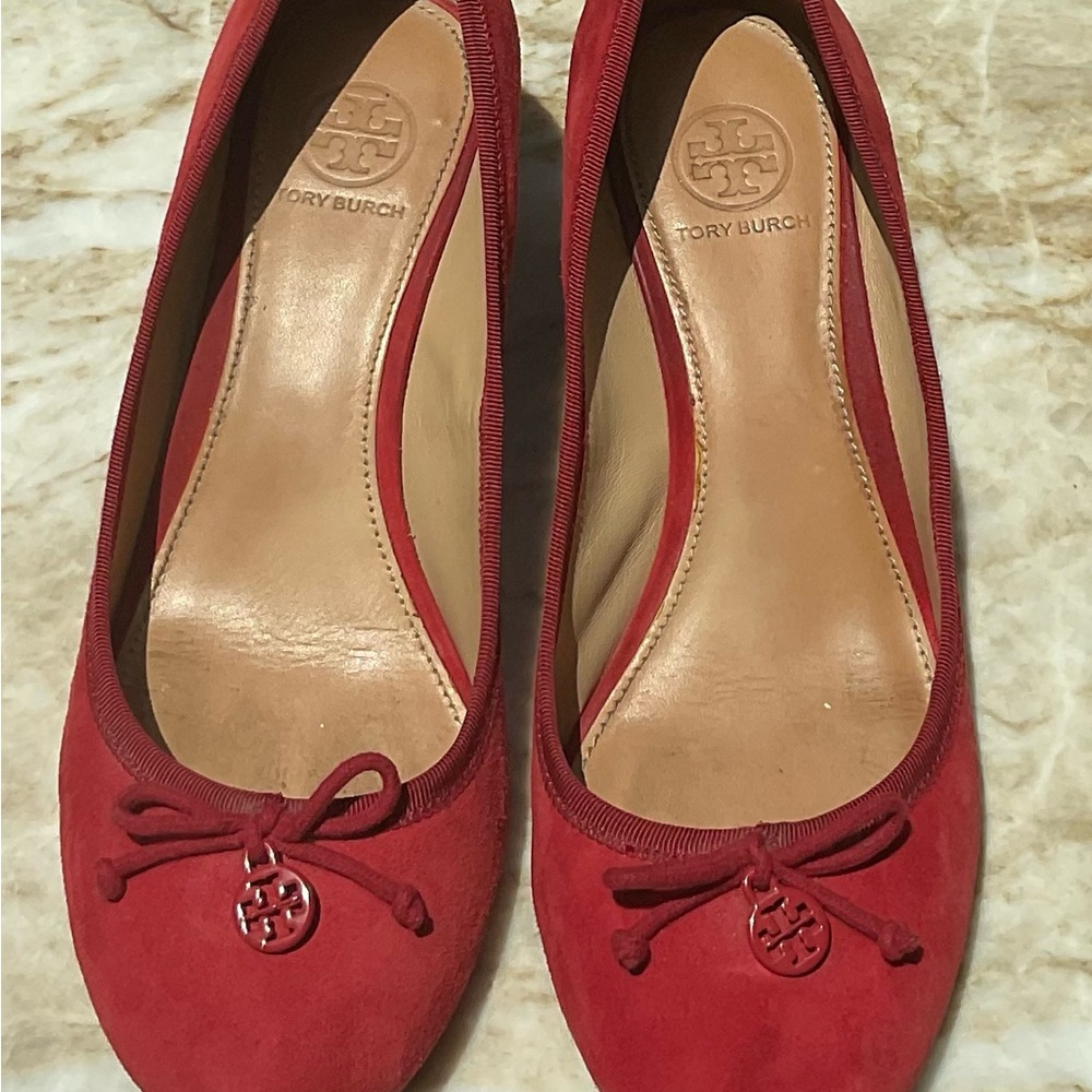 TORY BURCH Red Suede w/TT logo on ties. Wedge Size 8